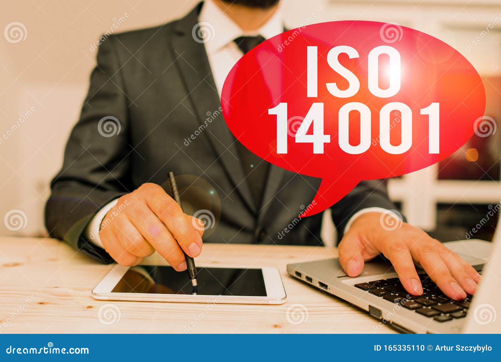 word writing text iso 14001. business concept for a family of standards related to environmental analysisagement male