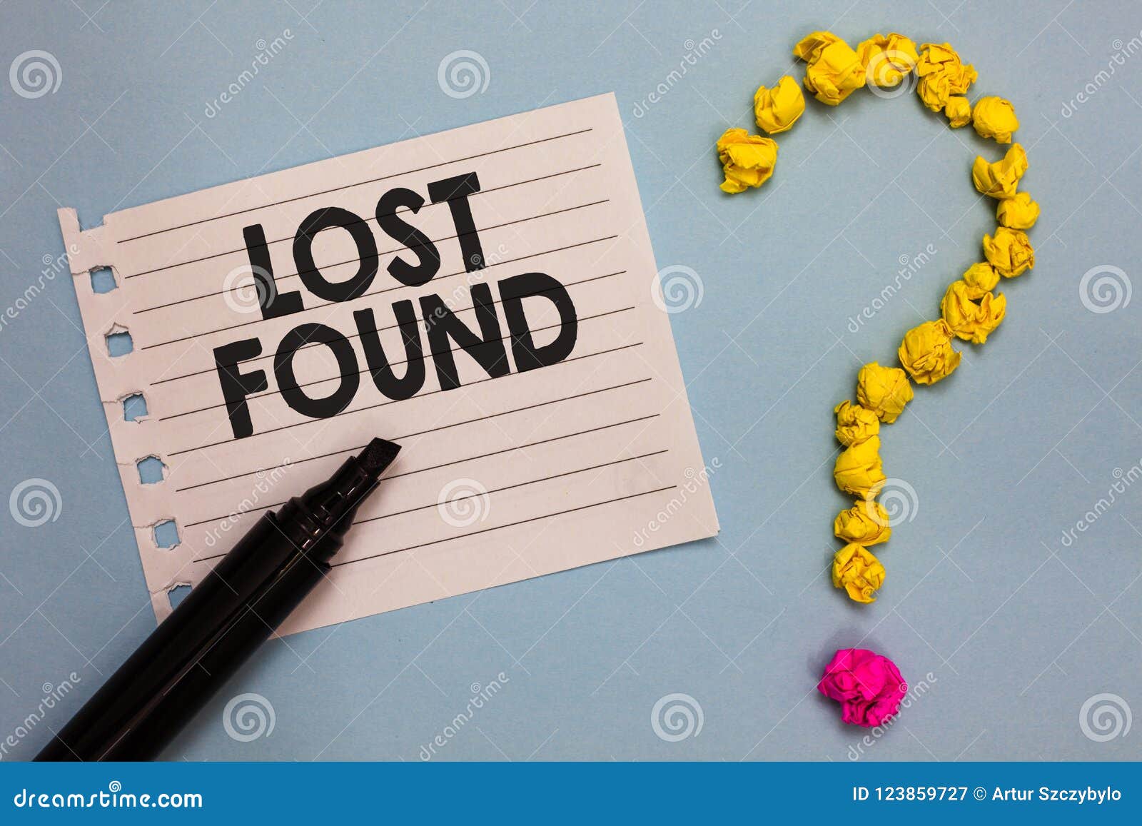 word writing text lost found. business concept for things that are left behind and may retrieve to the owner paper marker crumpled