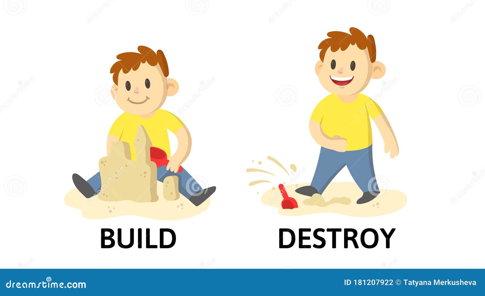 Words BUILD And DESTROY Textcard With Text Cartoon Characters. Opposite