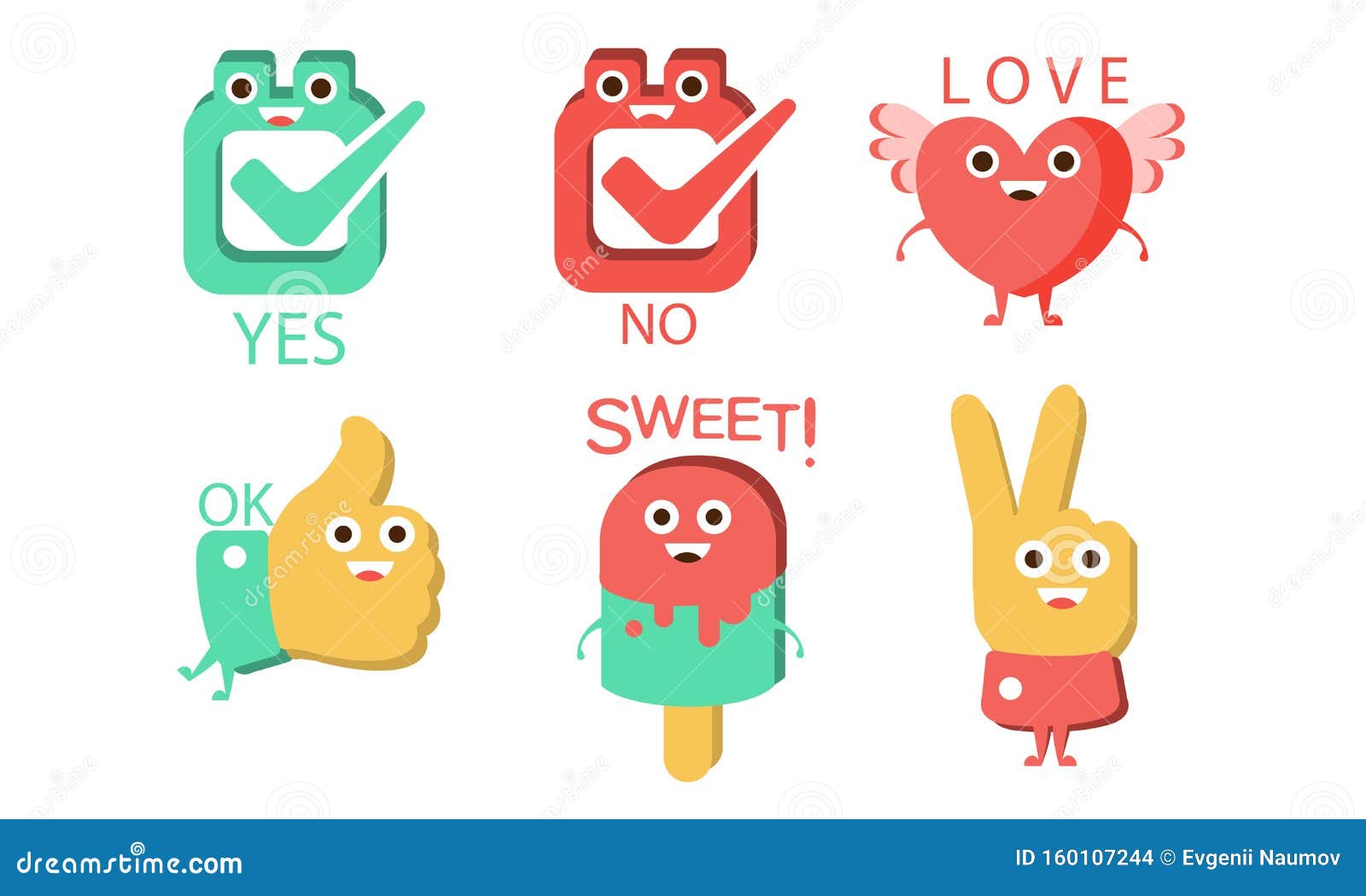 Words and Cute Cartoon Characters with Funny Faces, Yes, No, Love, Ok, Sweet, Victory Sign Vector Illustration Stock Vector - Illustration of character, face: 160107244 Words and Cute Cartoon Characters with Funny Faces, Yes, No, Love, Ok, Sweet, Victory Sign Vector Illustration Stock Vector - Illustration of character, face: 160107244