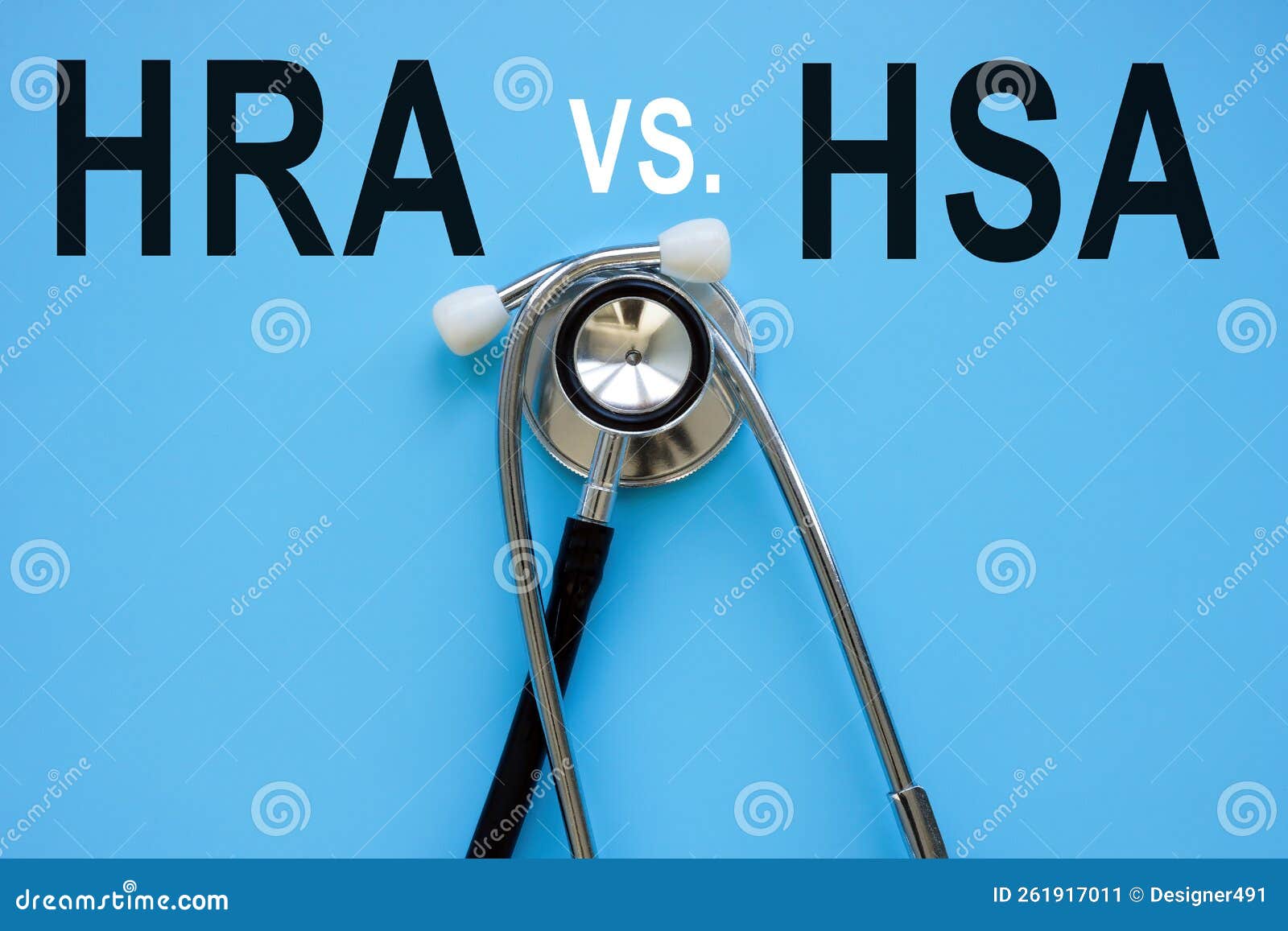 Words HRA Vs HSA and Stethoscope on the Blue Surface. Stock Image