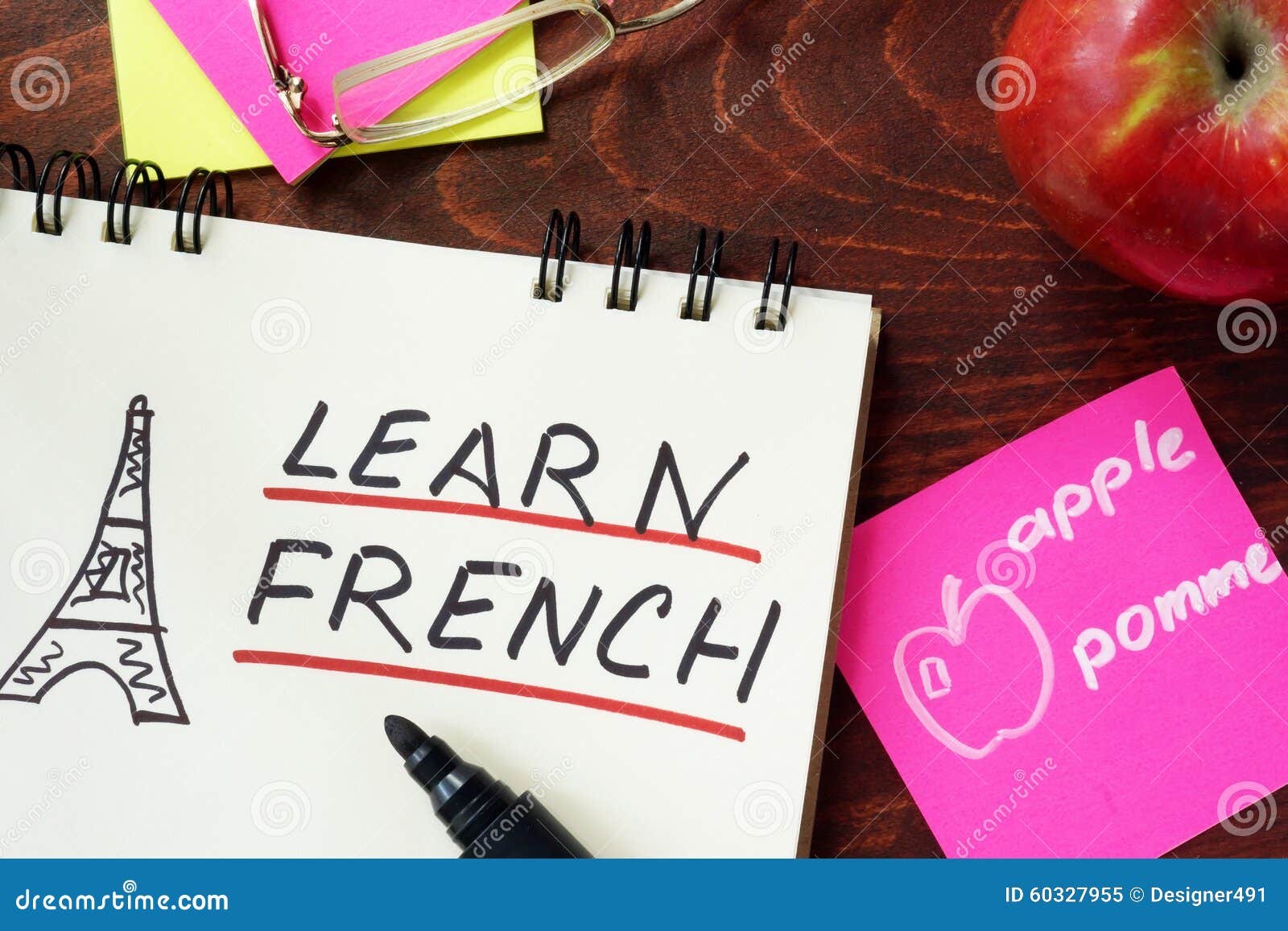 words learn french written in the notepad.