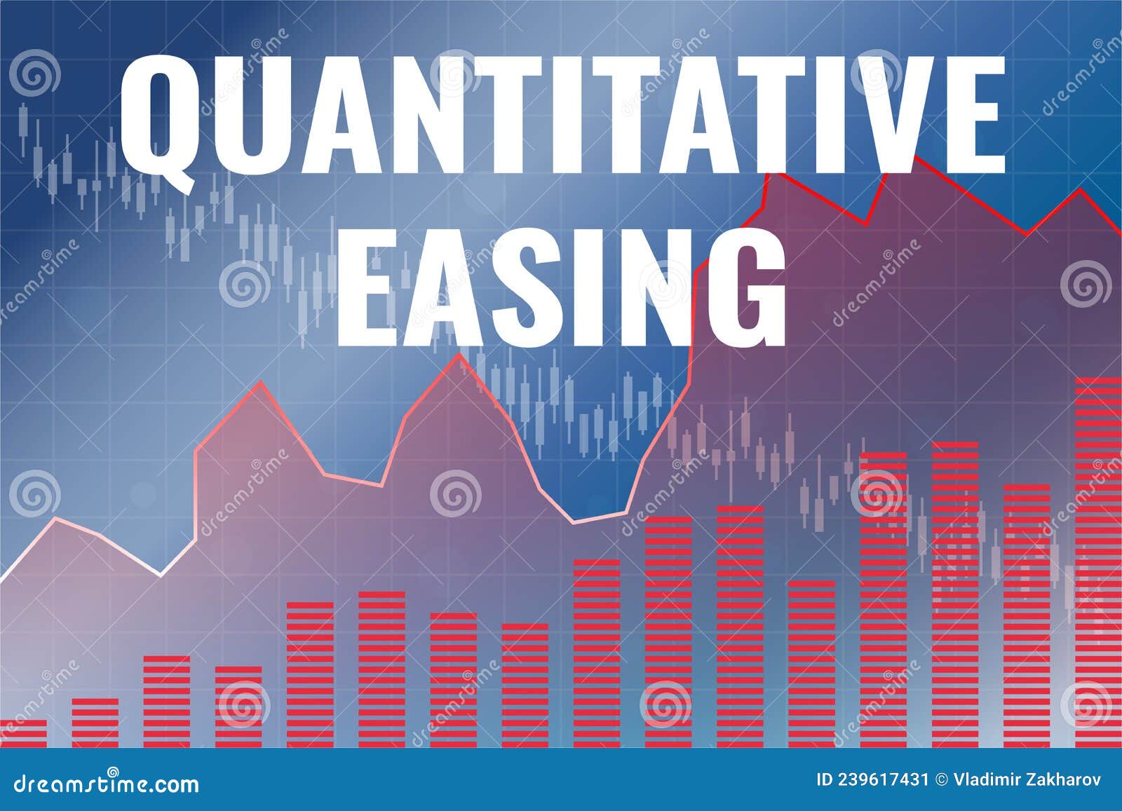 Words Quantitative Easing QE on Blue and Red Finance Background from