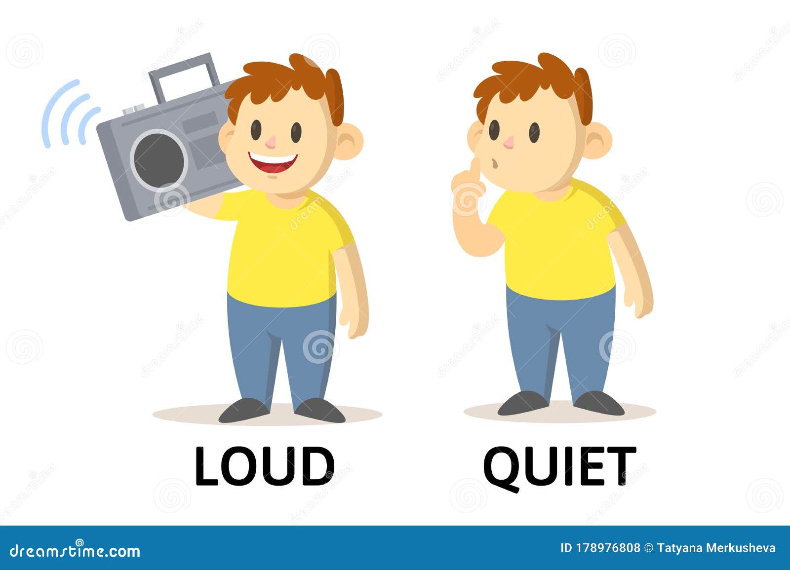 words quiet and loud flashcard with cartoon characters. opposite adjectives explanation card. flat  