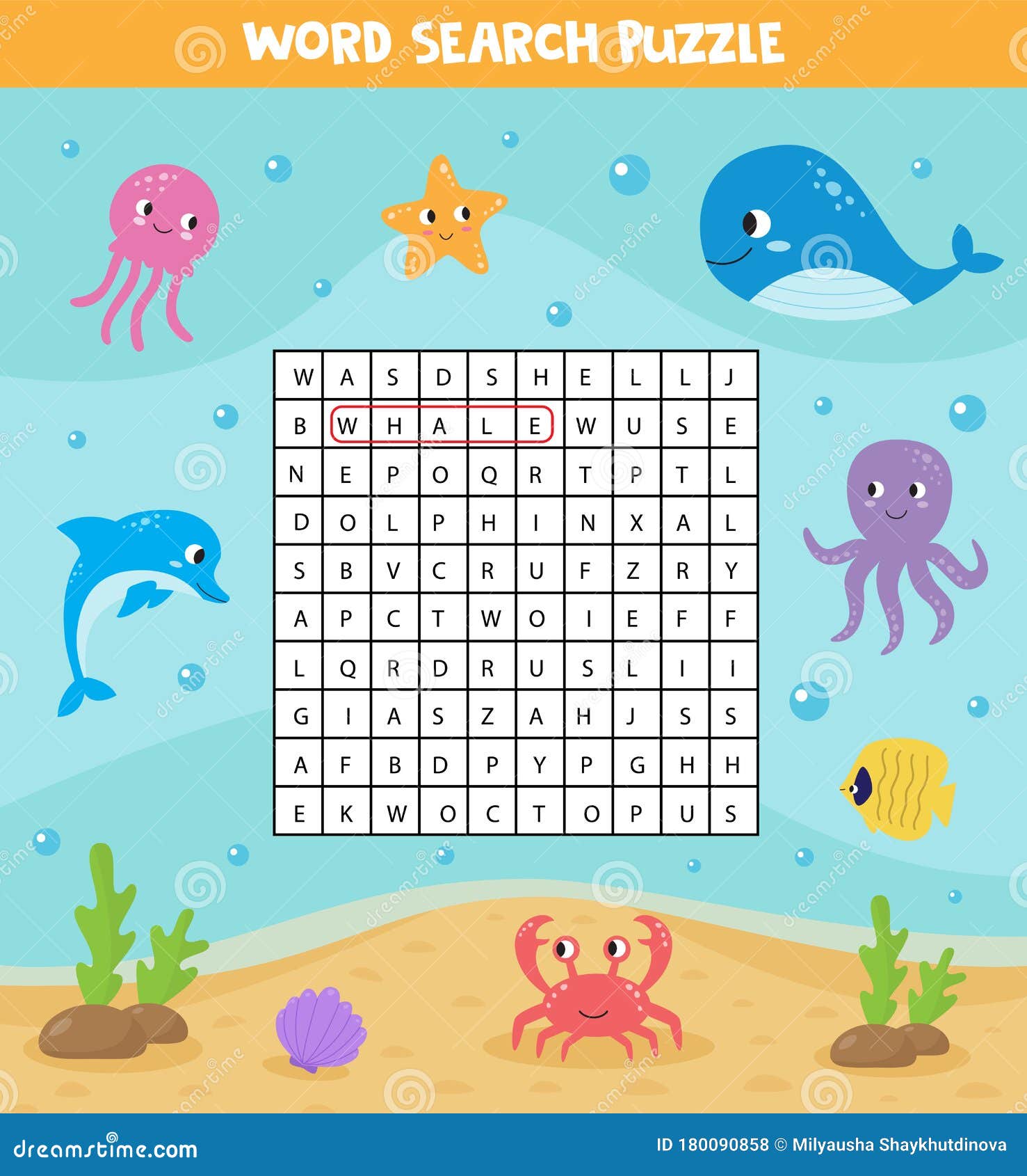 words search puzzle for children set of sea animals stock vector illustration of preschool activity 180090858