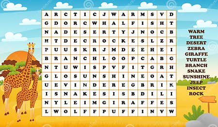 Words Search Puzzle for Kids with African Safari Animals - Giraffe ...