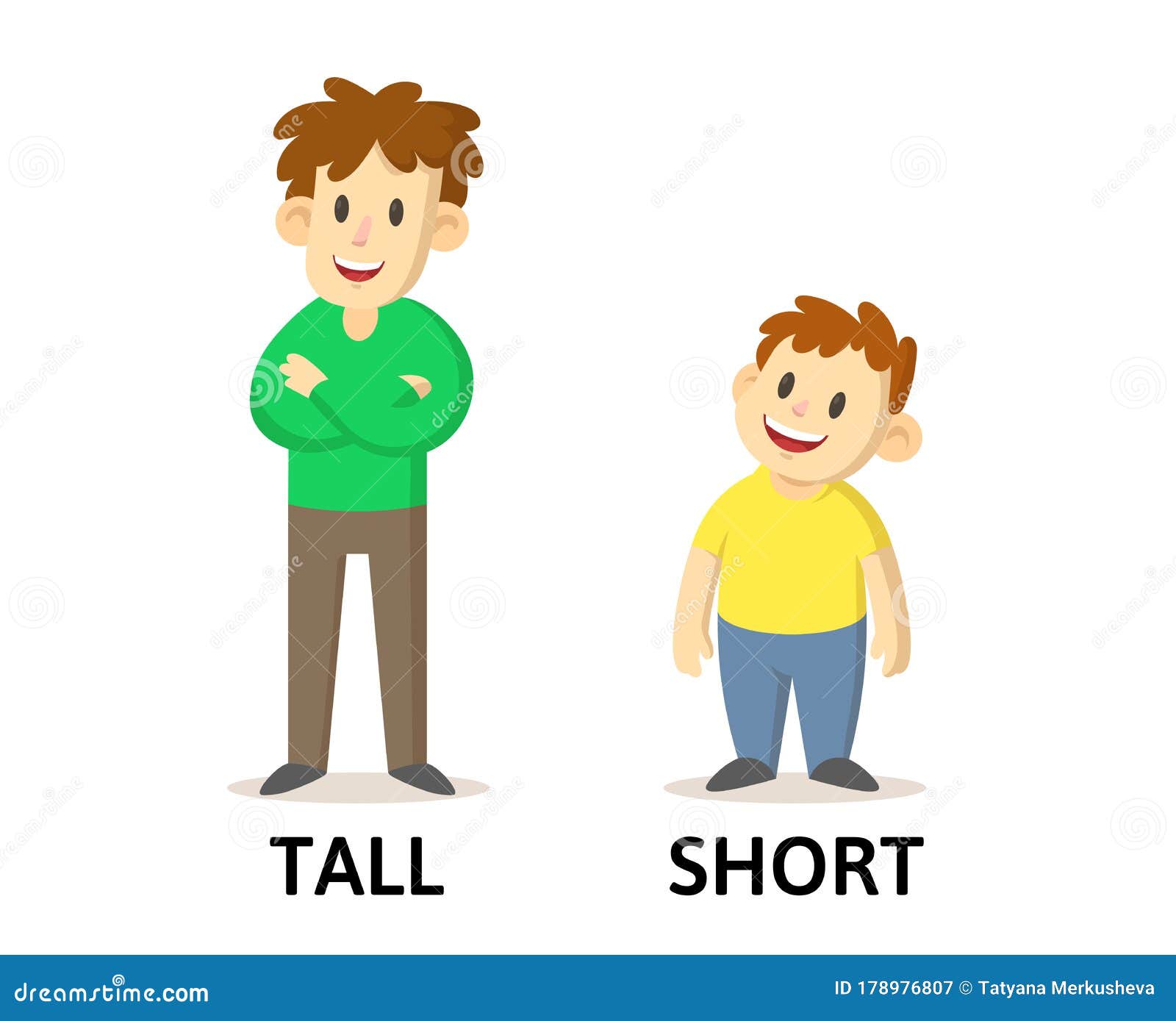 words tall and short flashcard with cartoon characters. opposite adjectives explanation card. flat  