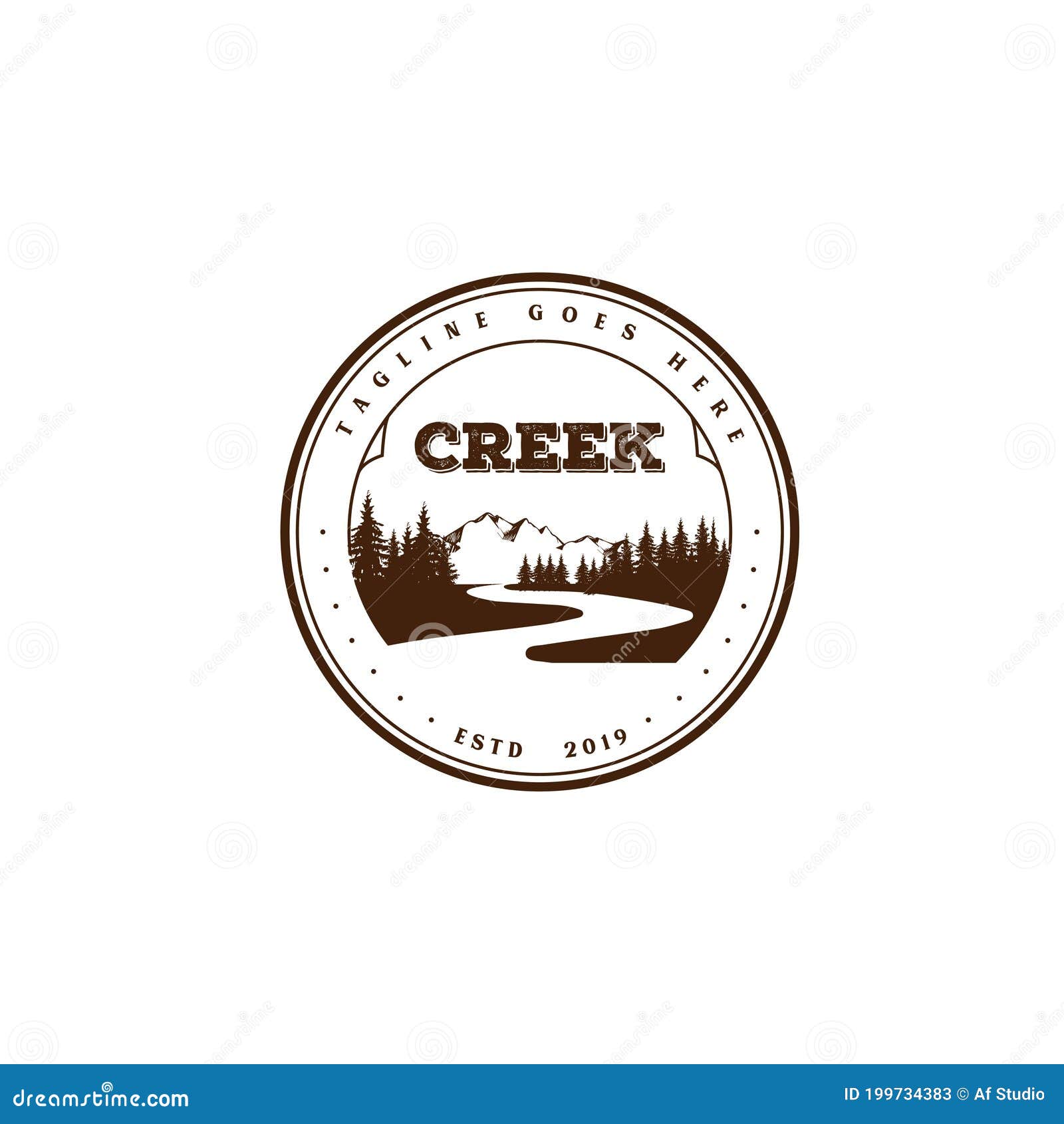 vintage retro river creek mountain pine cedar spruce tree forest logo  