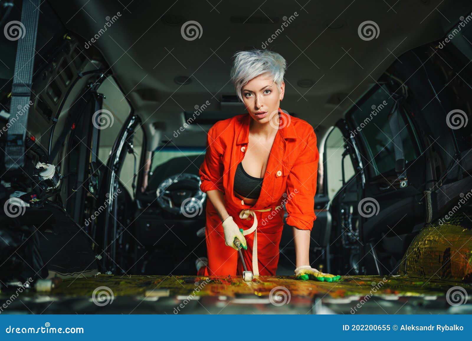 Work in a Car Service. Car Soundproofing Process Stock Image Image of