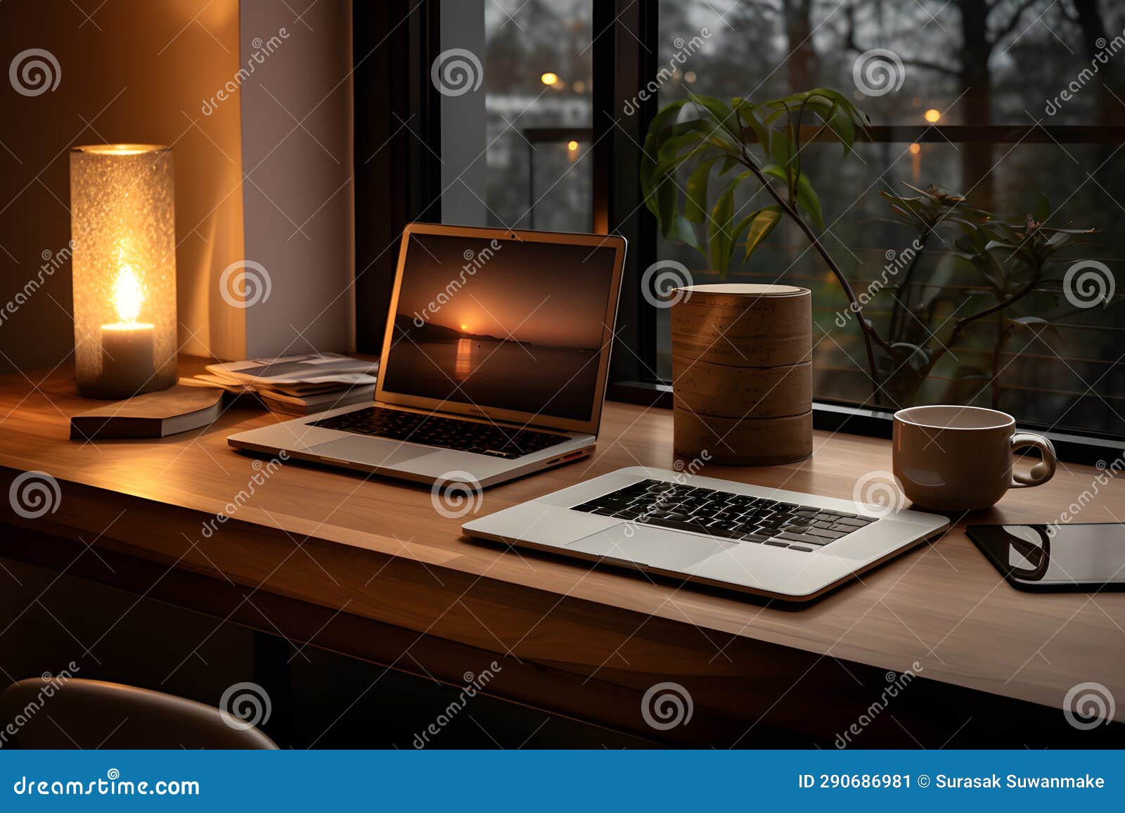 Work Desk with Computer Simulation Equipment Office Supplies and Desk