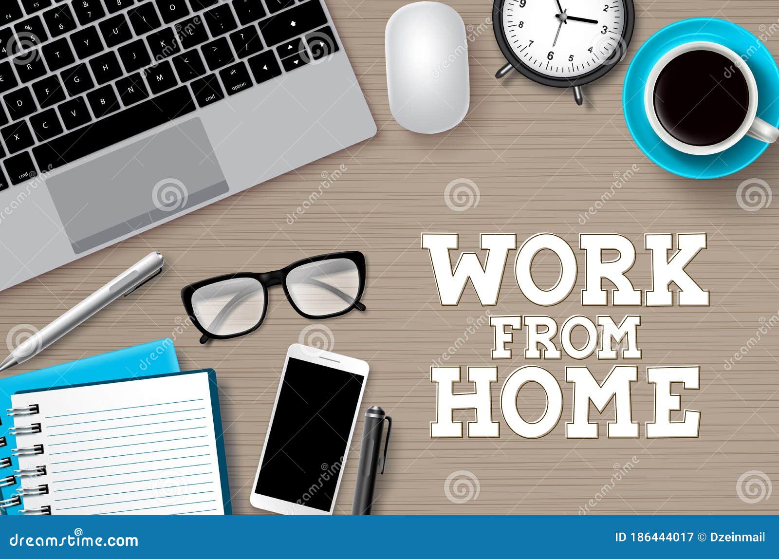 Work from Home Desk Vector Background. Work from Home Text with Remote