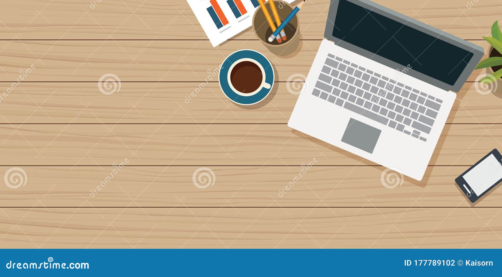 Work from Home with Wooden Table and Small Office Equipment Stock