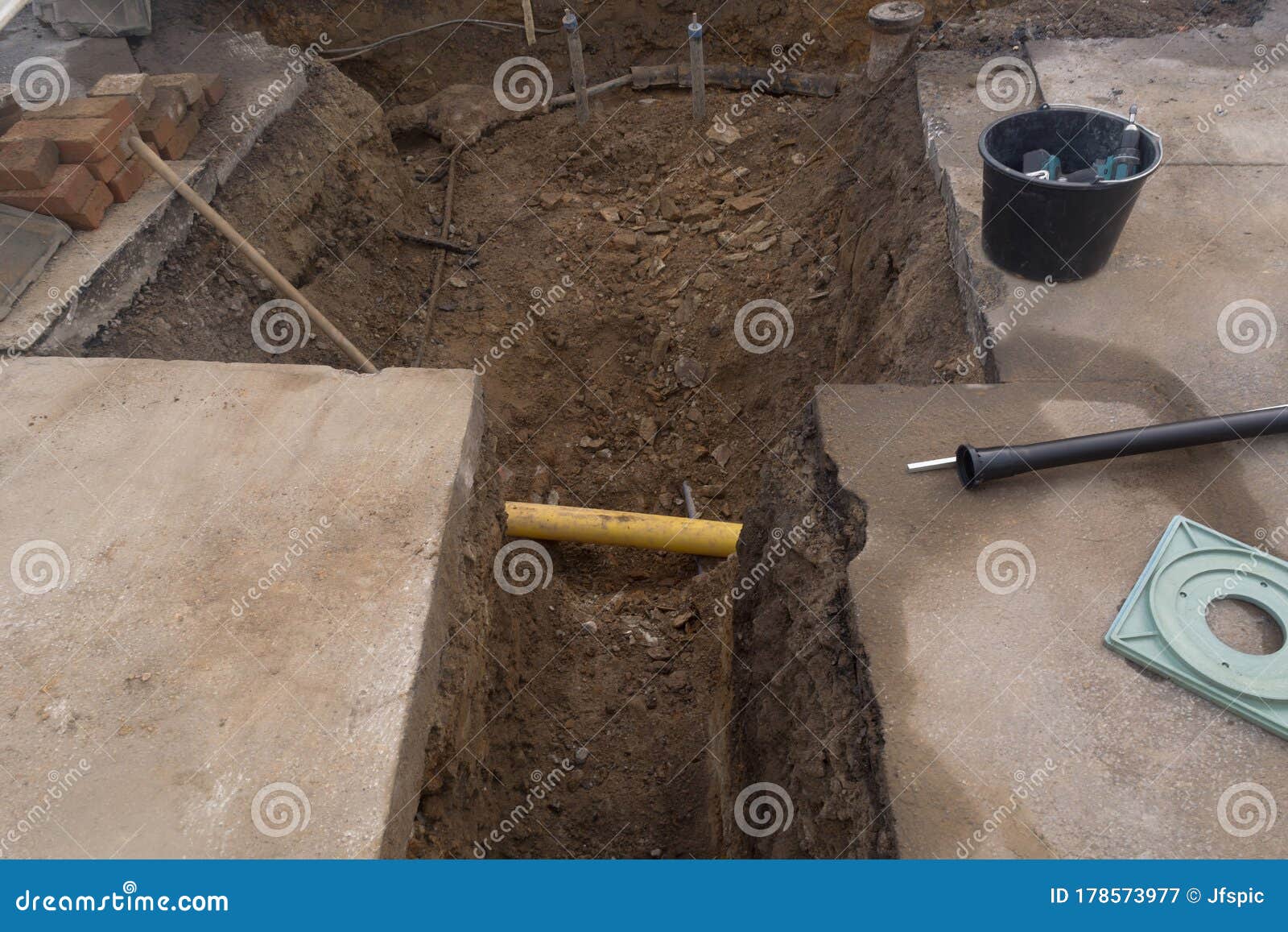 Two Plastic Pipes in a Sand Ditch Stock Image Image of soon, repair