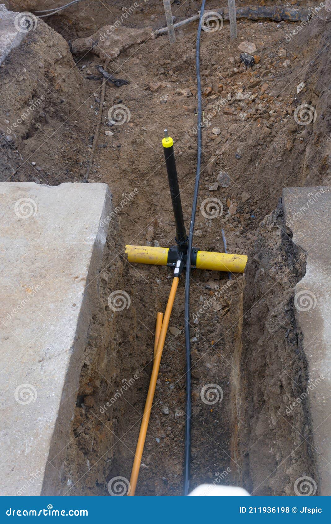 Two Plastic Pipes in a Sand Ditch Stock Photo Image of earth, plastic