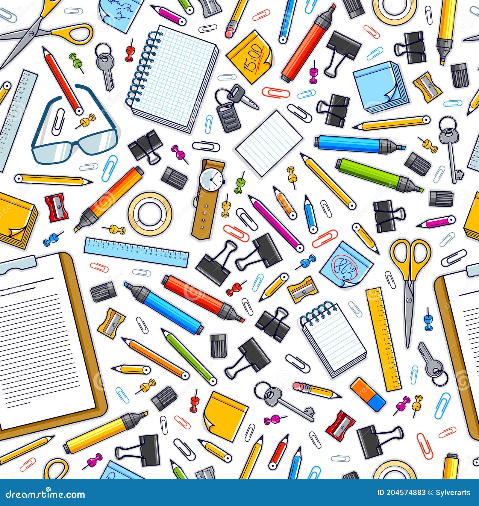 Work Office Desk Top View with a Lot of Different Stationery Elements  Seamless Vector Wallpaper, Business Job Theme Image with Stock Vector -  Illustration of stapler, marker: 204574883