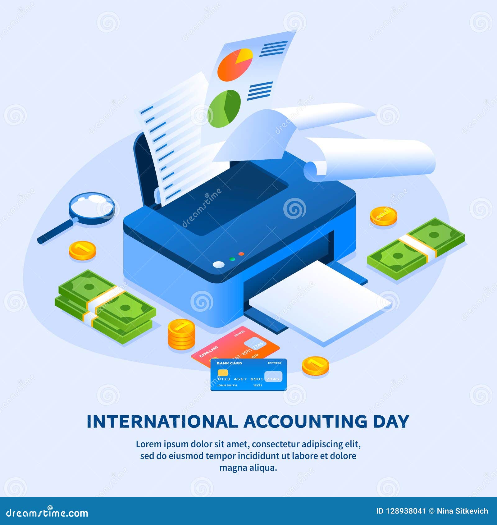 Work Printer Accounting Day Concept Background, Isometric Style Stock