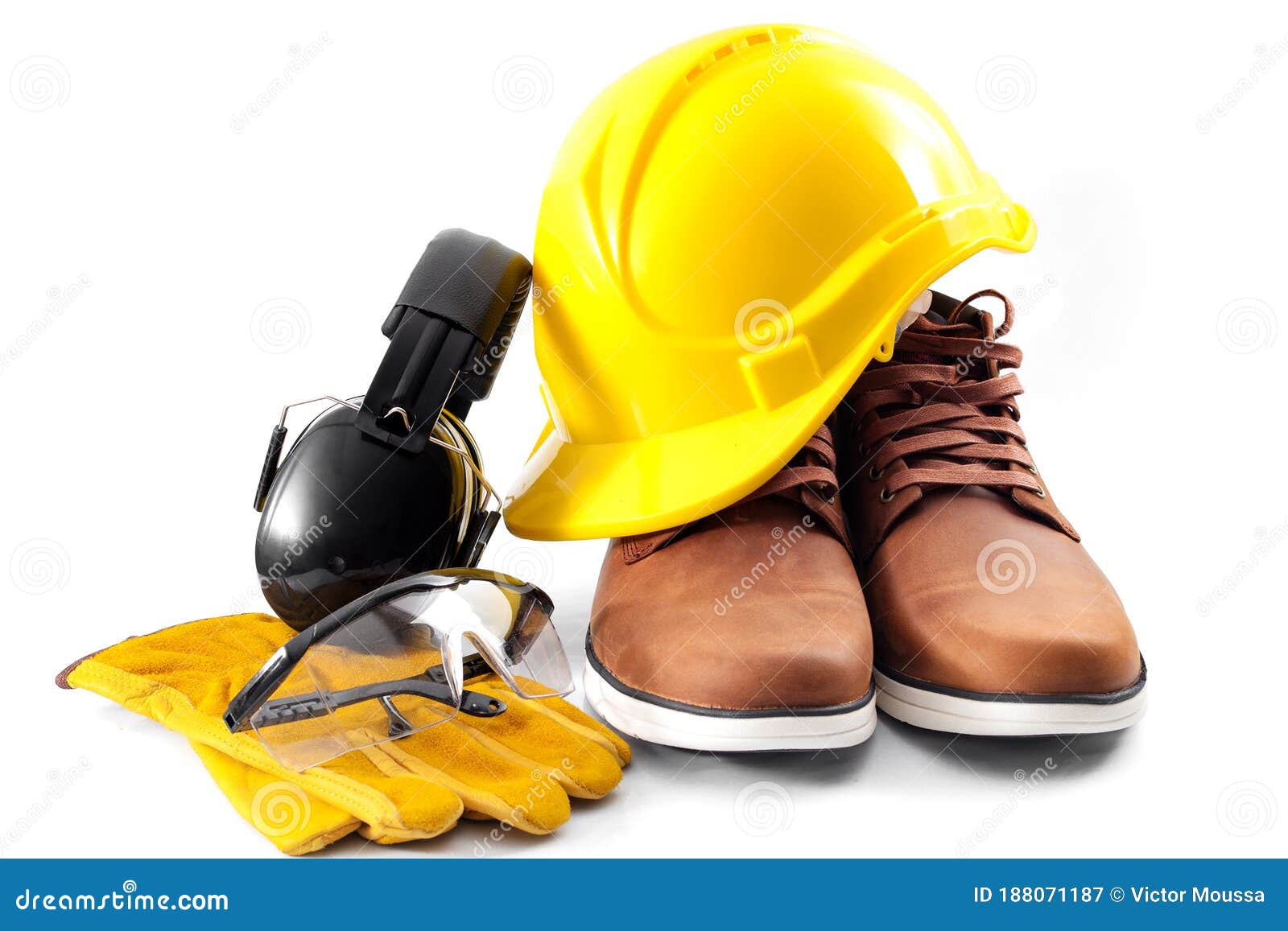 Work Safety Concept with Hard Hat, Protective Gloves, Boots, Eye Safety