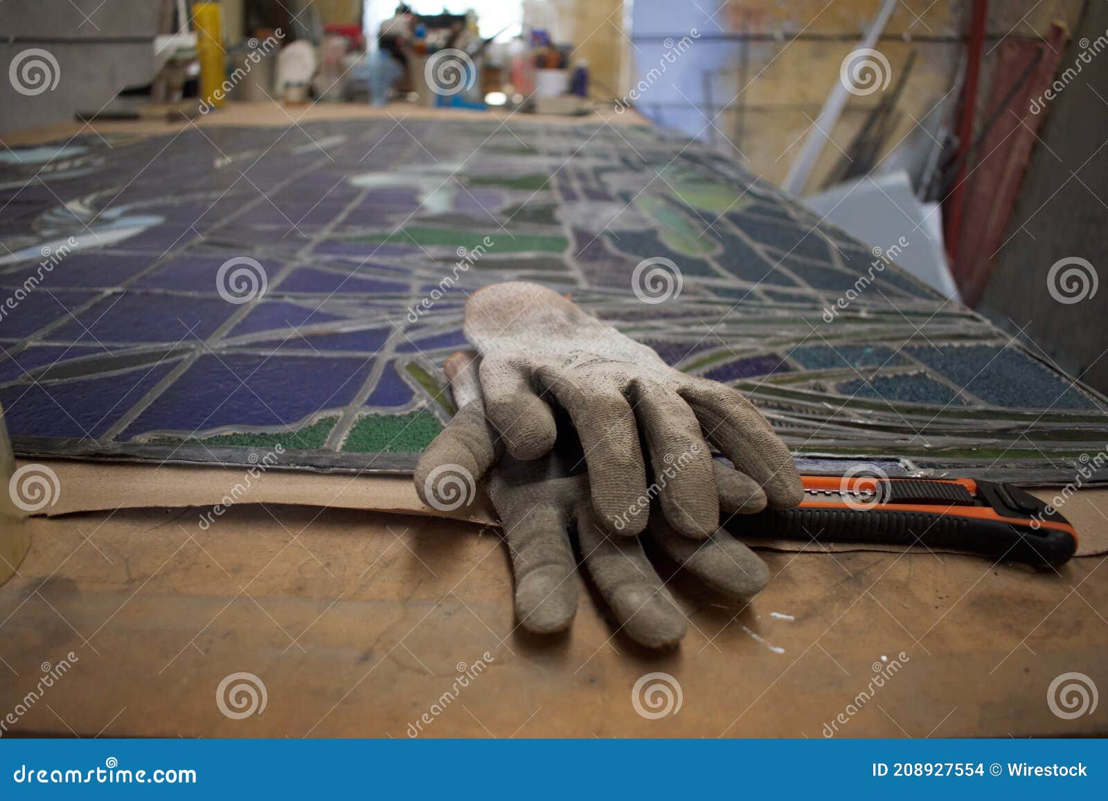 work table in a vitrail workshop