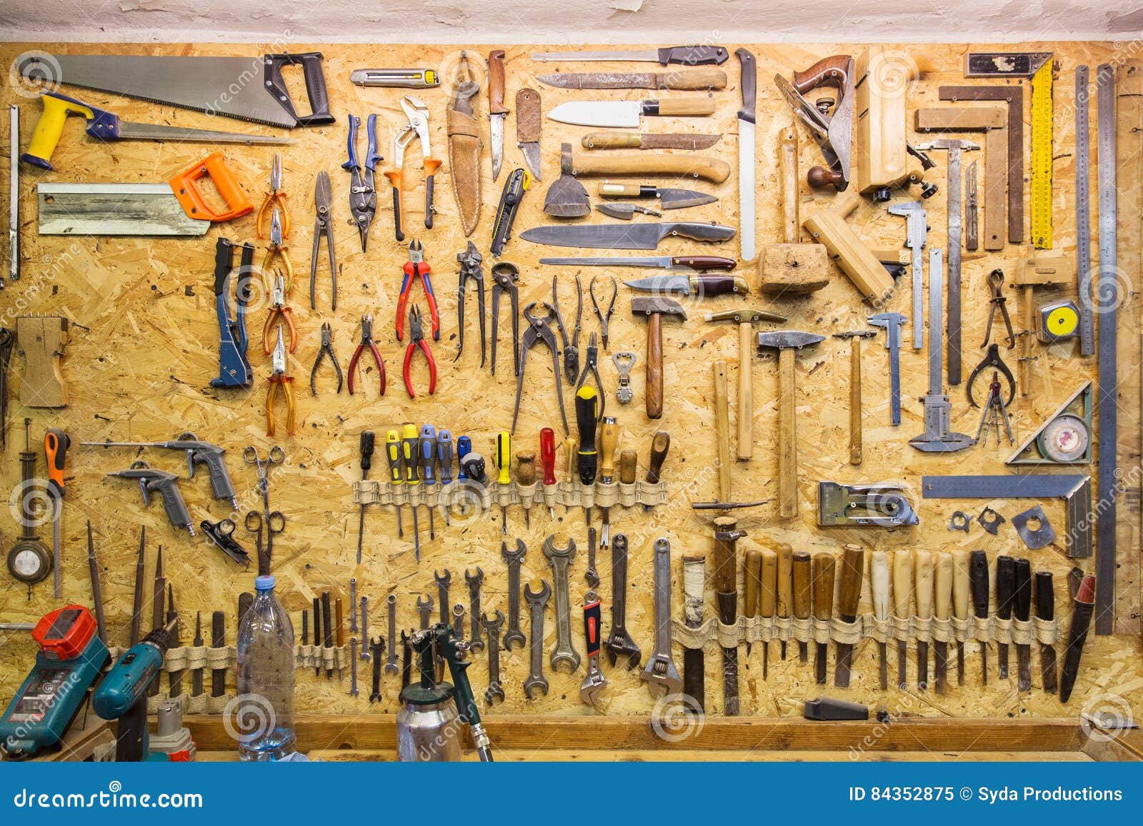 Work Tools Hanging on Wall at Workshop Stock Image - Image of pliers