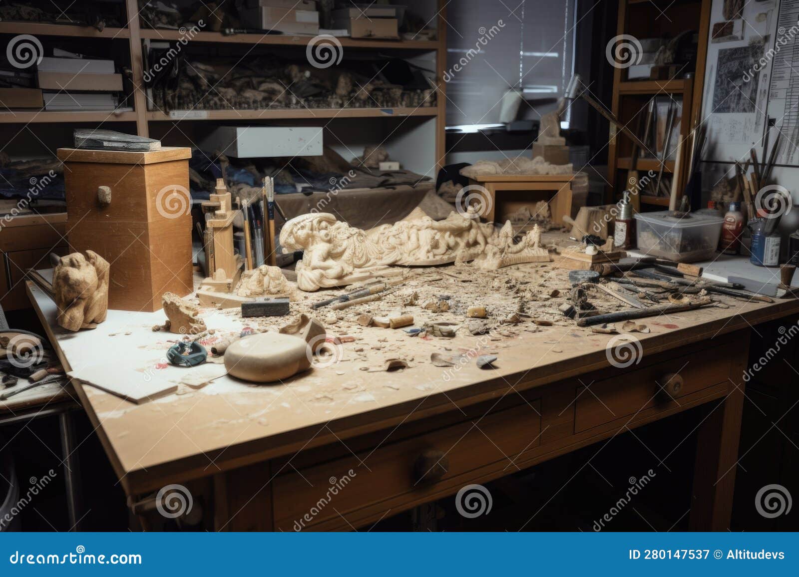 A Workbench Covered in Tools and Carving Materials, with a Sculpture in