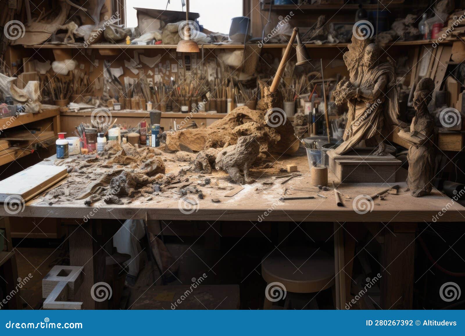 A Workbench Covered in Tools and Carving Materials, with a Sculpture in