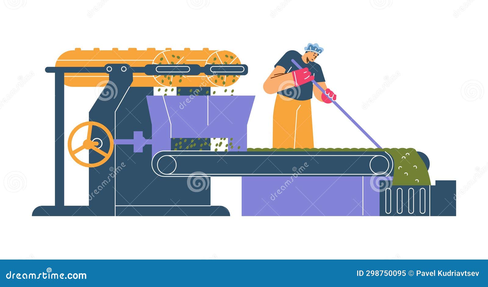 Worker Adjusts Tea Leaves on Conveyor Belt during the Production