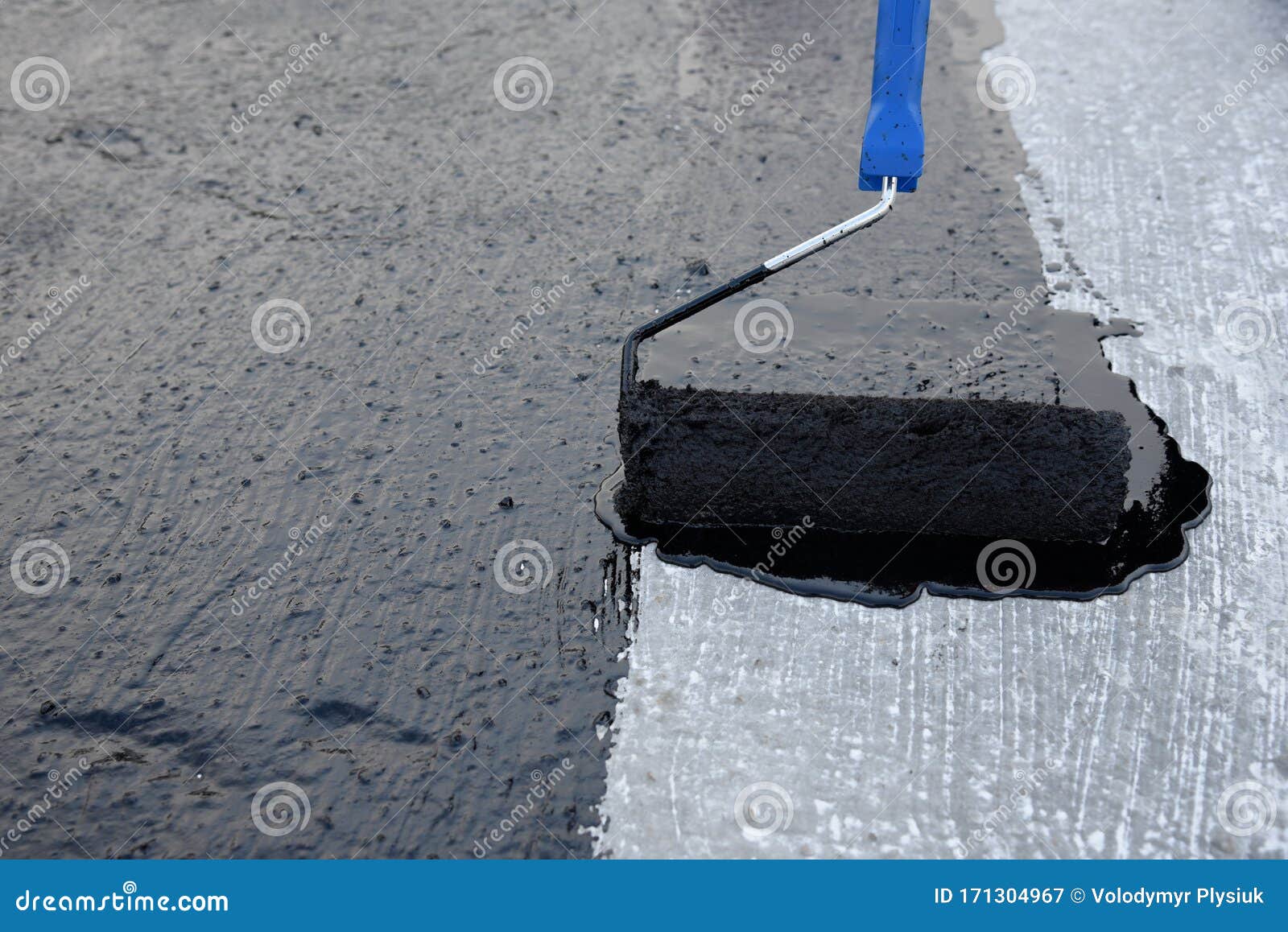 Worker Applies Bitumen Mastic on the Foundation Stock Image Image of