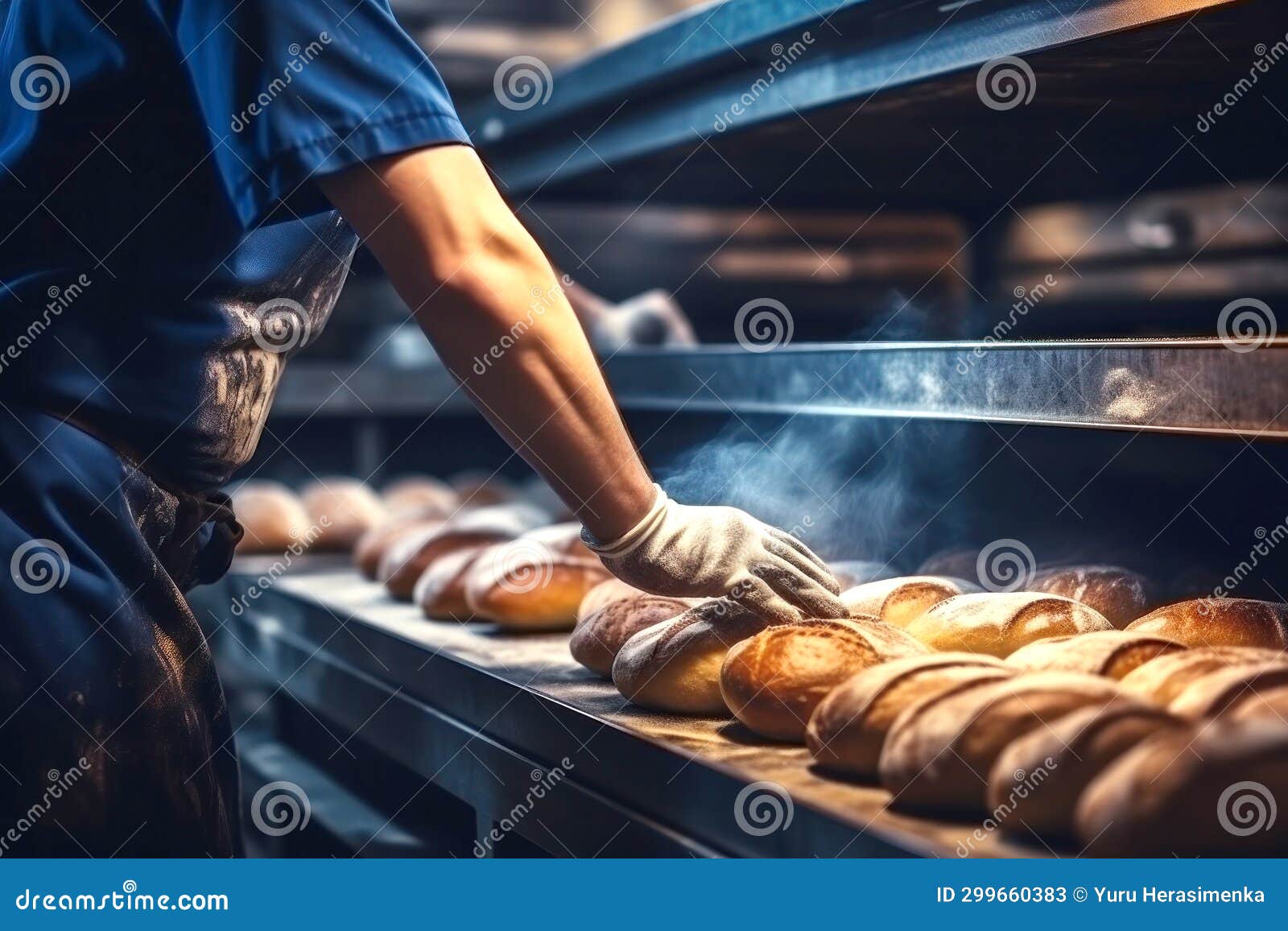 A Worker in a Bakery Puts Bread in the Oven. Bread Production