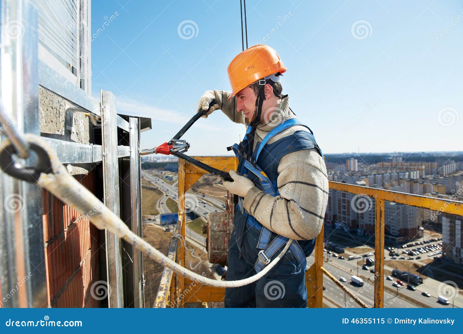 Worker Builders at Facade Tile Installation Stock Image Image of