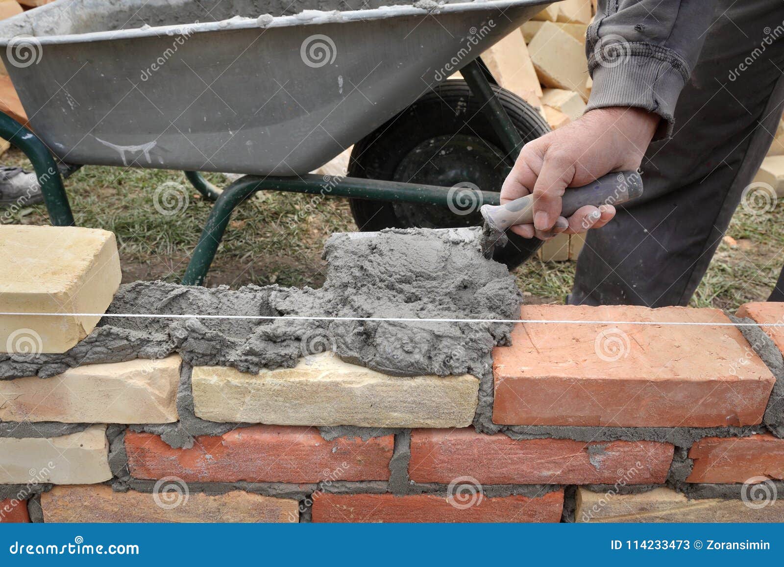 Worker Building Brick Wall Using Trowel Stock Image Image of laying