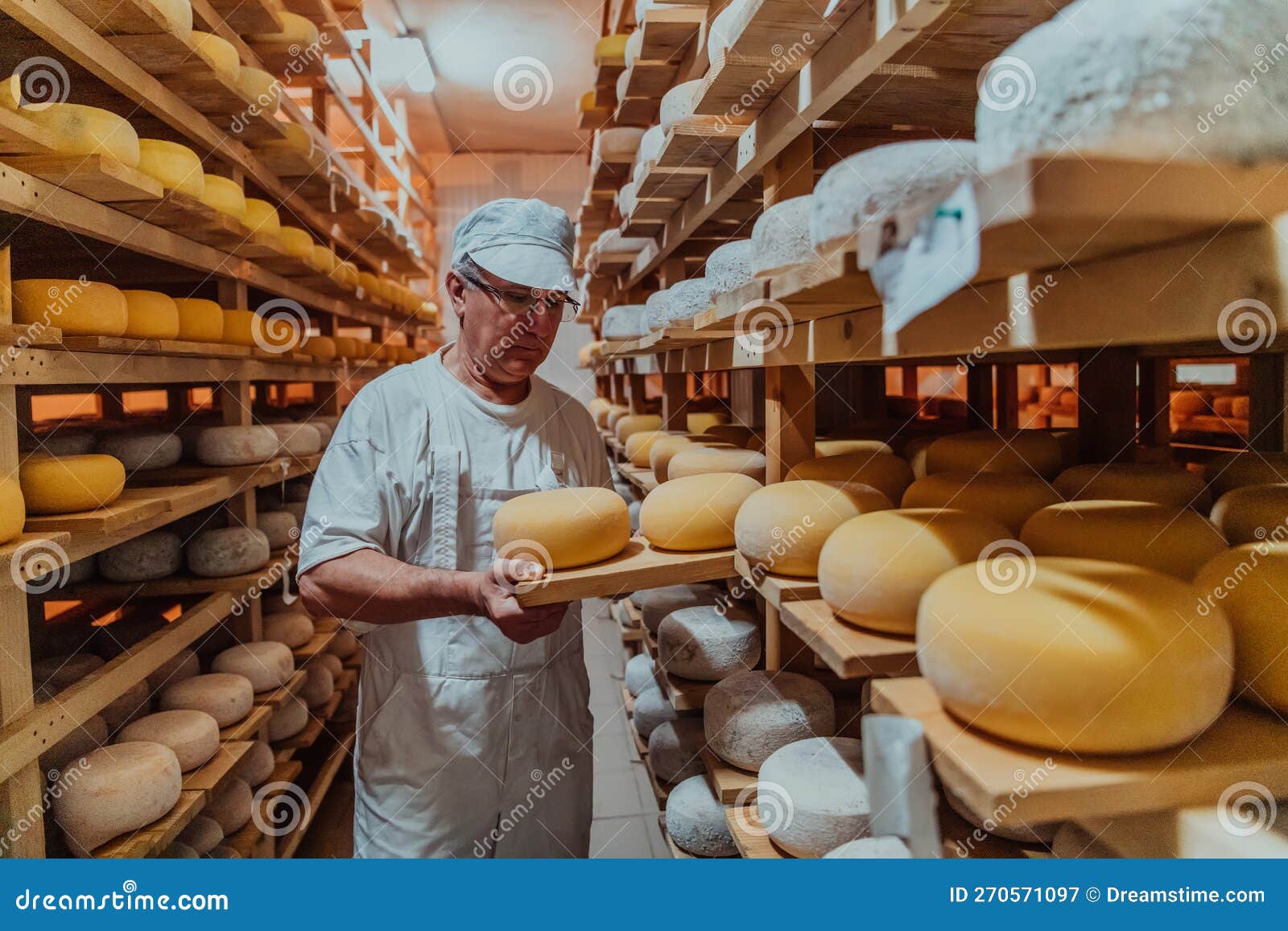 A Worker at a Cheese Factory Sorting Freshly Processed Cheese on Drying