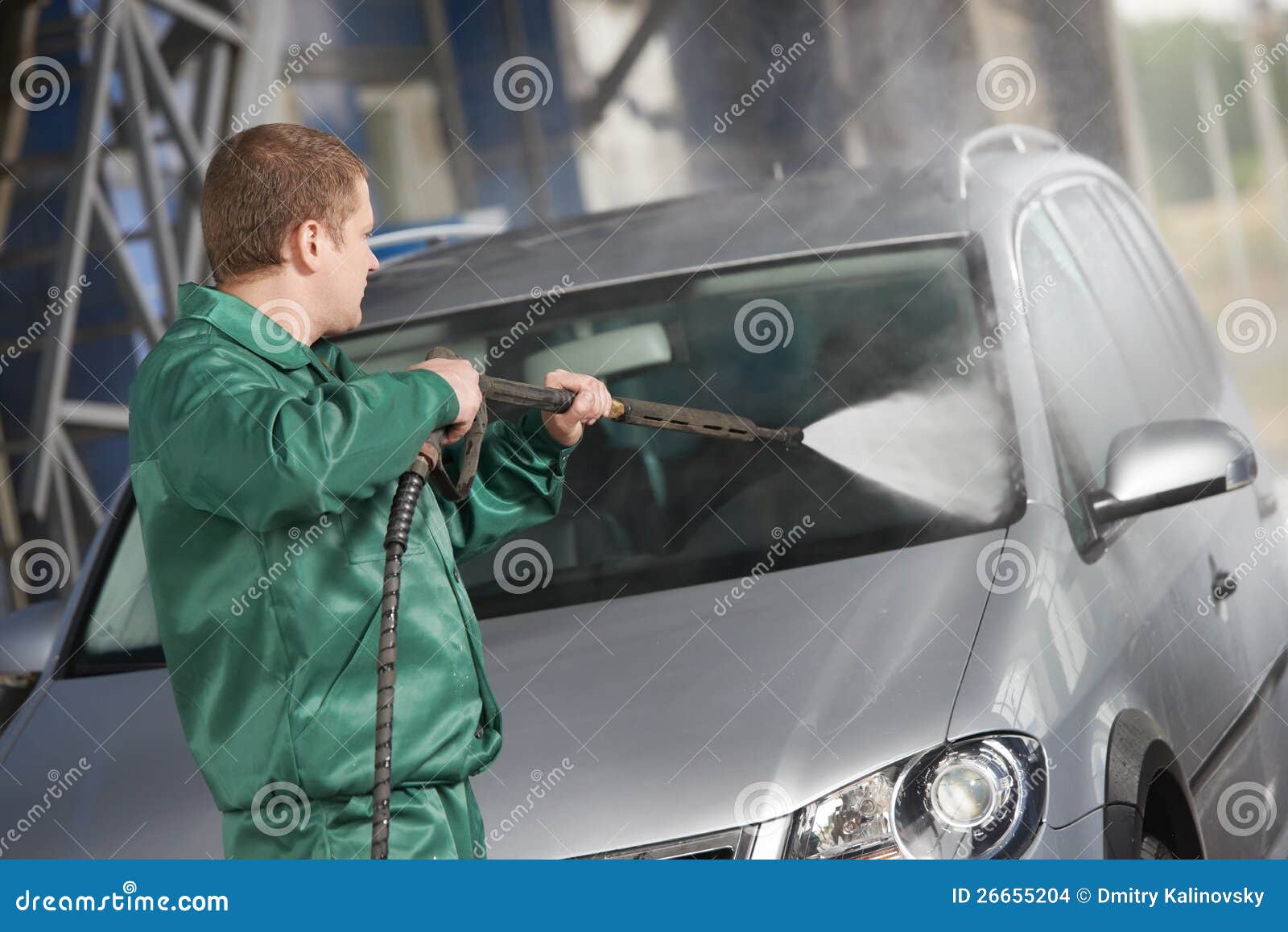 Worker Cleaning Car with Pressured Water Stock Photo Image of washing