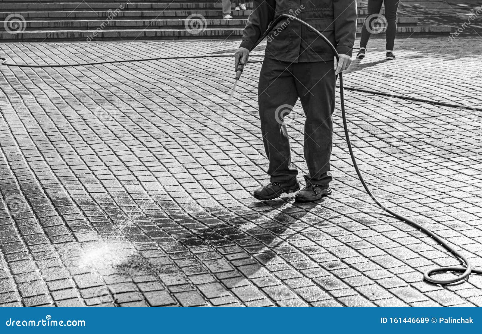 Worker Cleaning the Street Sidewalk Stock Image Image of paving