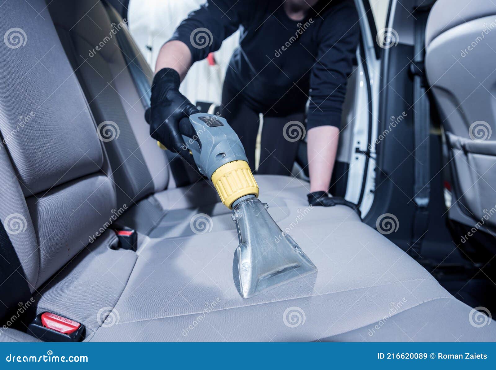 Worker Cleans Car Interior with Vacuum Cleaner Stock Image Image of