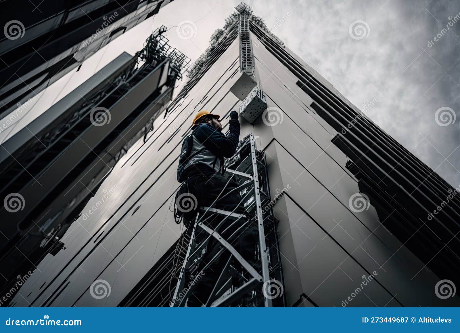 A Worker Climbing a Tall Ladder To Install the 5g Network in a