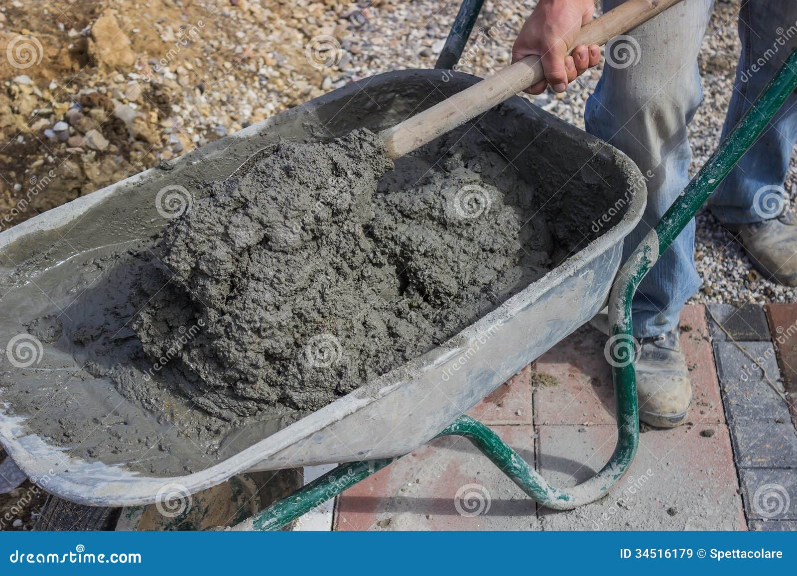 Worker with Concrete Mortar in Wheelbarrow 3 Stock Image Image of