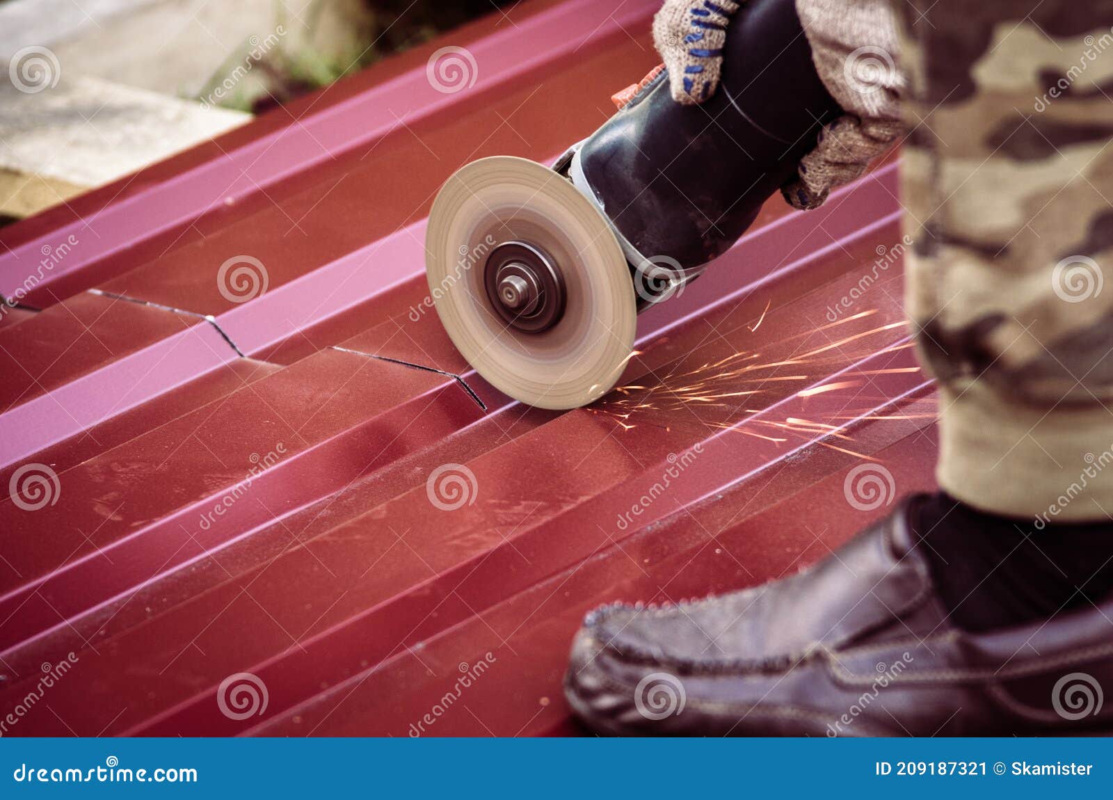 The Worker Cuts a Metal Sheet with Angle Grinder Stock Image Image of