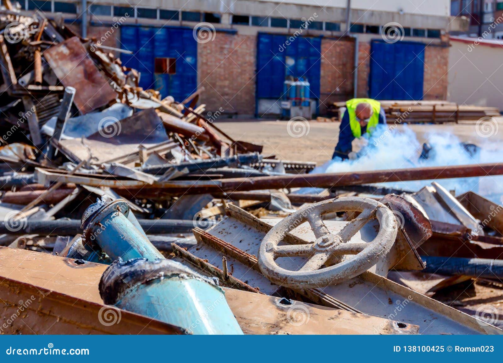 Worker is Cutting Scrap Metal with Acetylene Torch Stock Image - Image