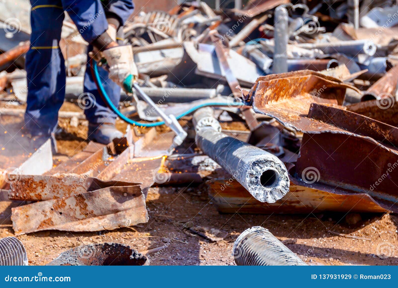 Worker is Cutting Scrap Metal with Acetylene Torch Stock Image - Image