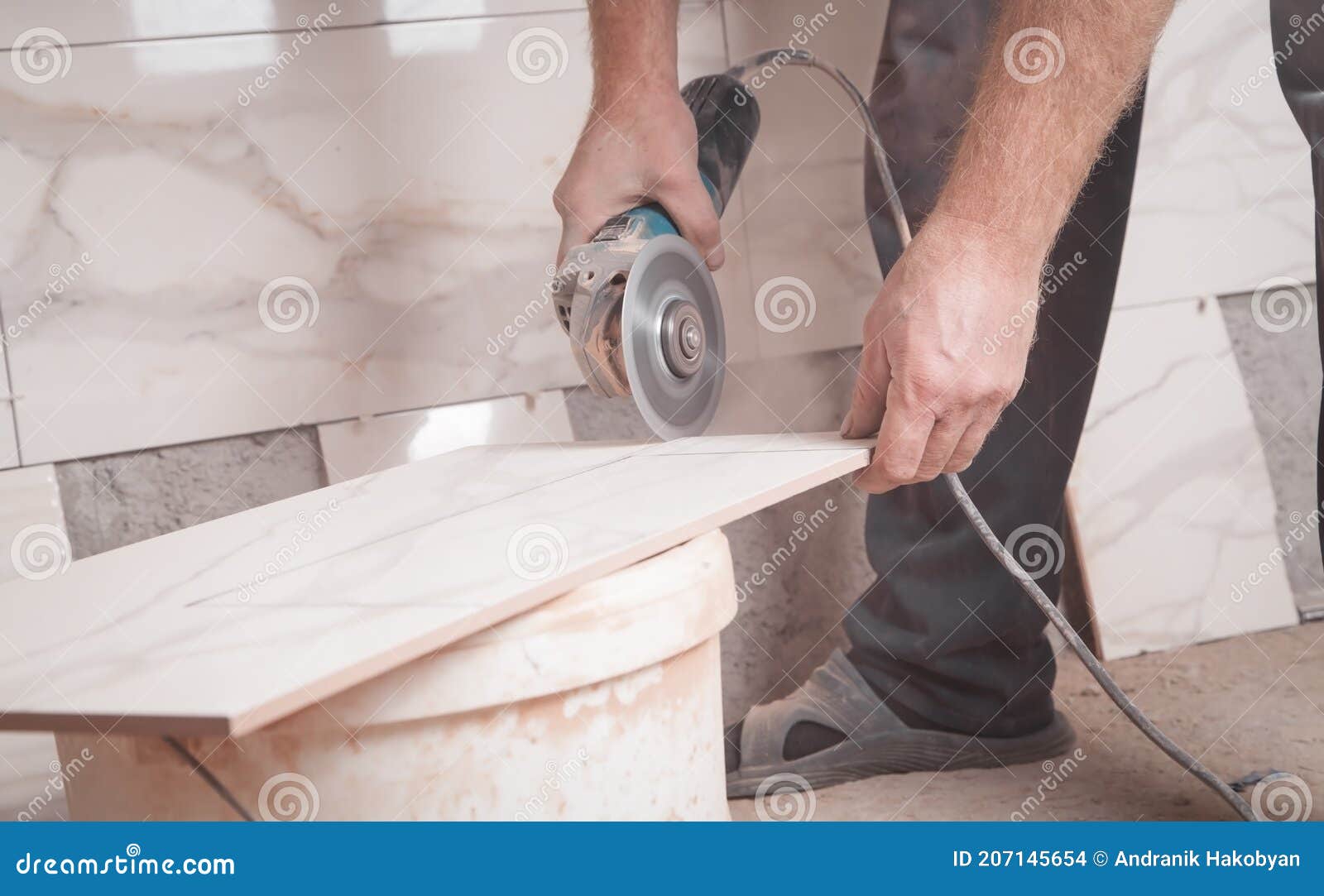 Worker Cutting a Tile with a Grinder Stock Photo Image of ceramic