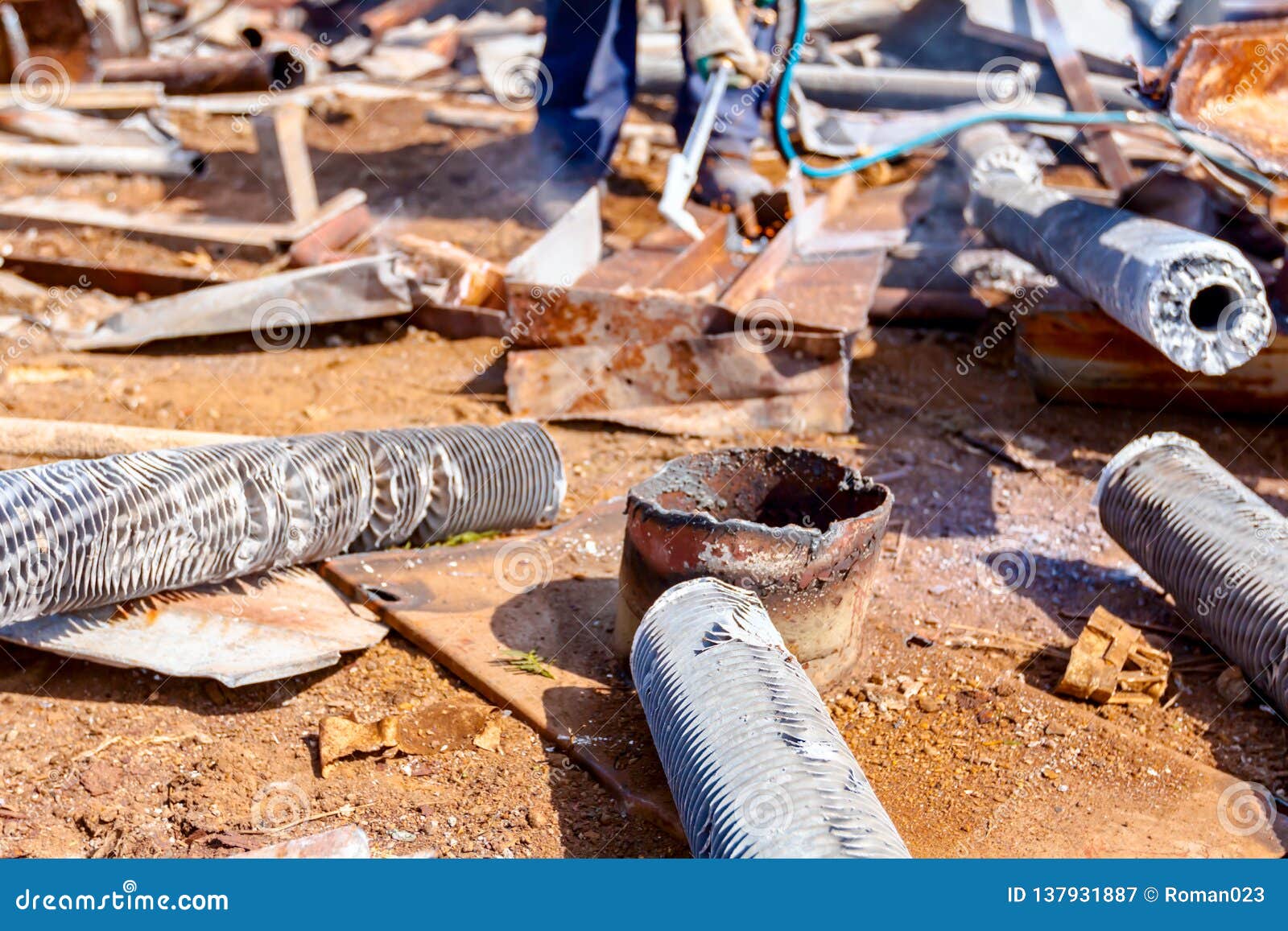 Worker is Cutting Scrap Metal with Acetylene Torch Stock Image - Image