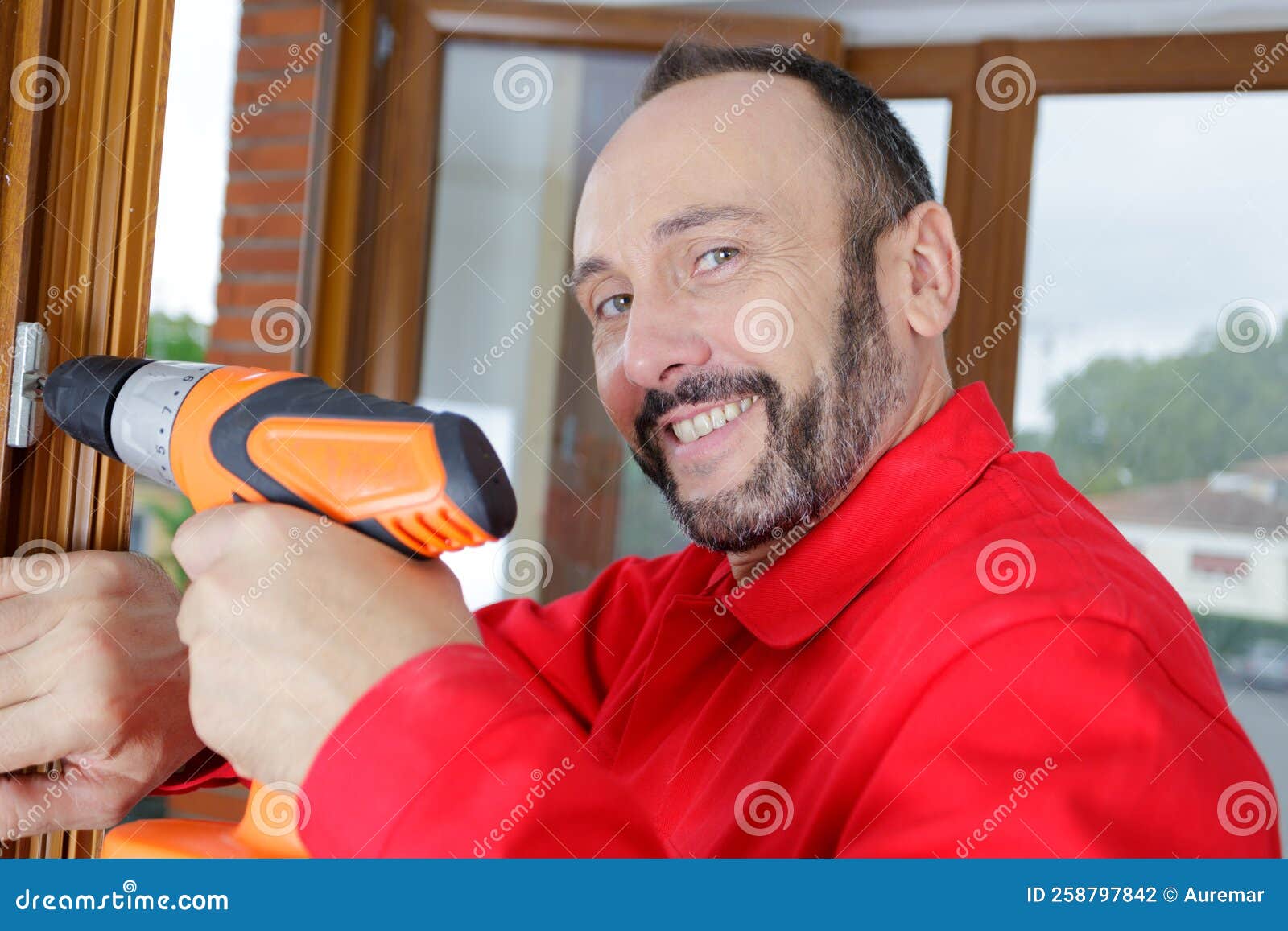 Worker Drilling Holes in Construction Frame Stock Photo Image of