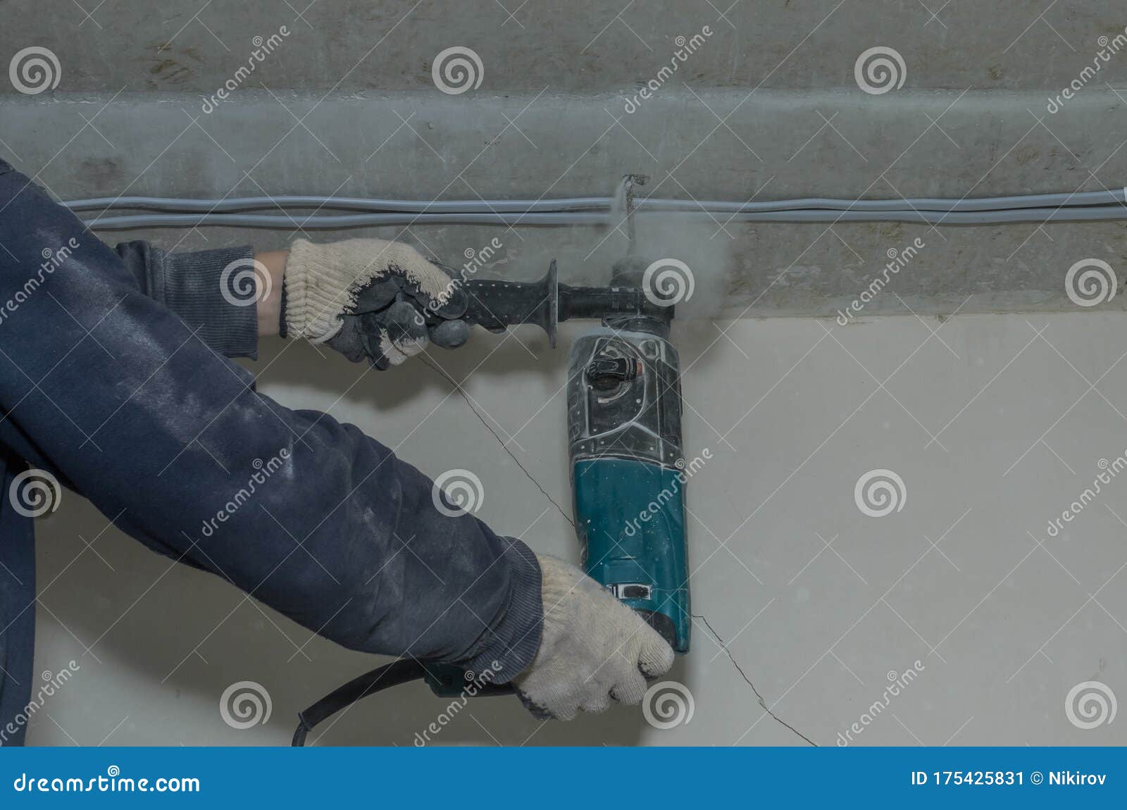 Worker Drills a Concrete Wall with a Hammer Drill Stock Image Image of hammer, business 175425831