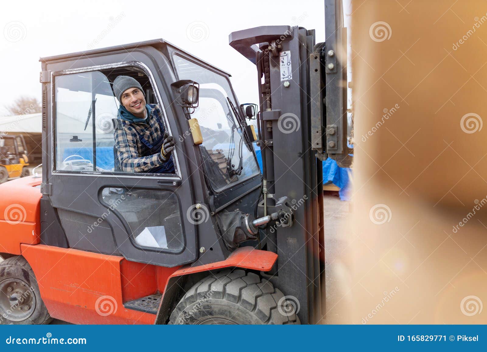 Worker Driving Forklift in Lumber Yard Stock Image Image of business