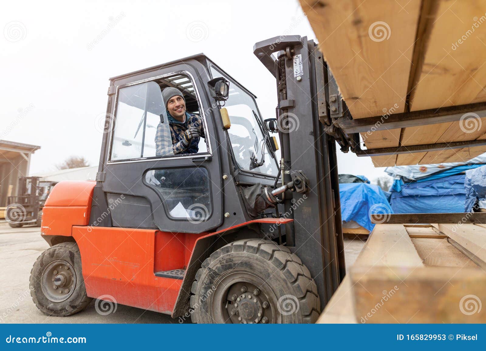 Worker Driving Forklift in Lumber Yard Stock Image Image of forklift