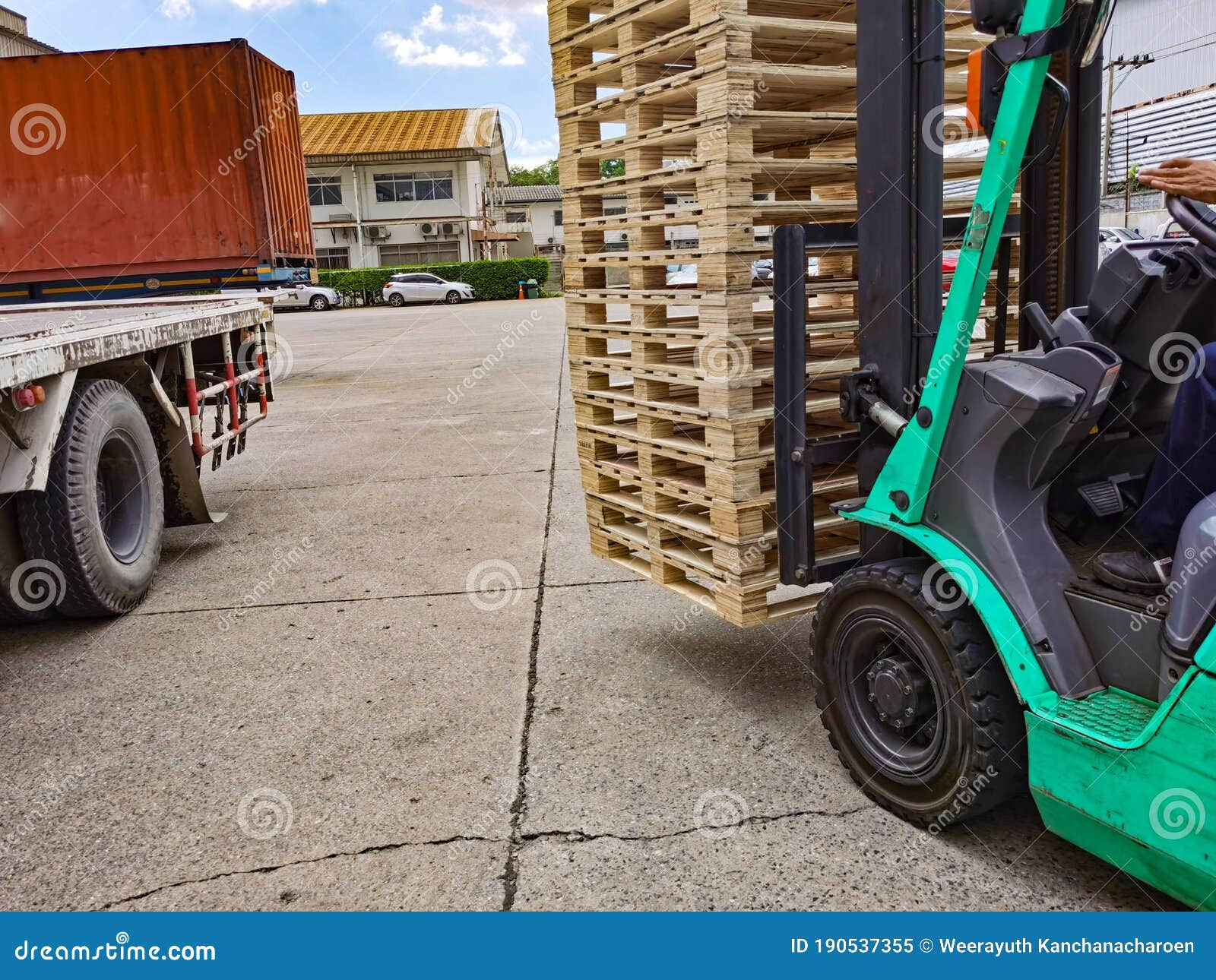 Worker Driving Forklift To Loading And Unloading Wooden Pallets From Truck To Warehouse Cargo Storage Shipment In Logistics And Stock Image Image Of Industry Heavy 190537355