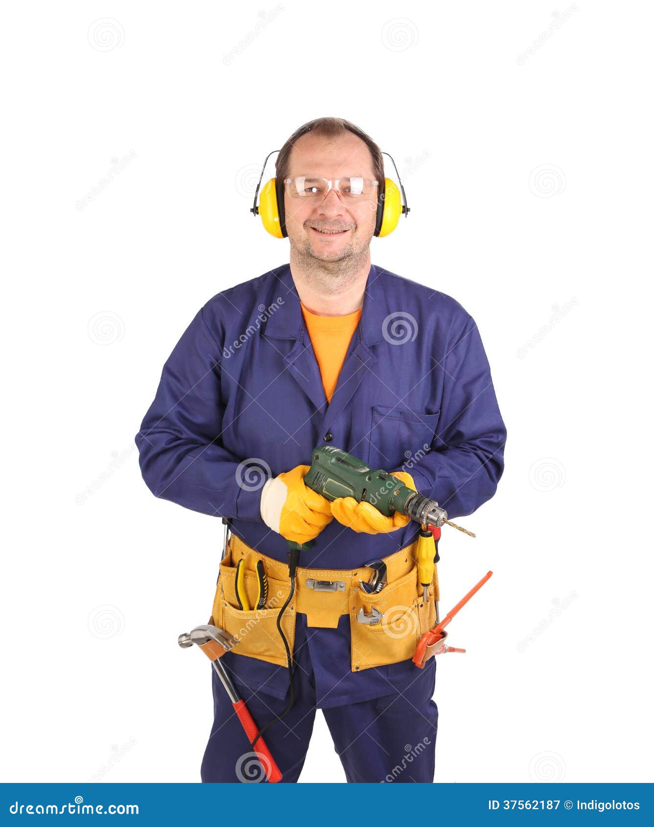 Worker in Ear Muffs and Glasses with Drill. Stock Image Image of