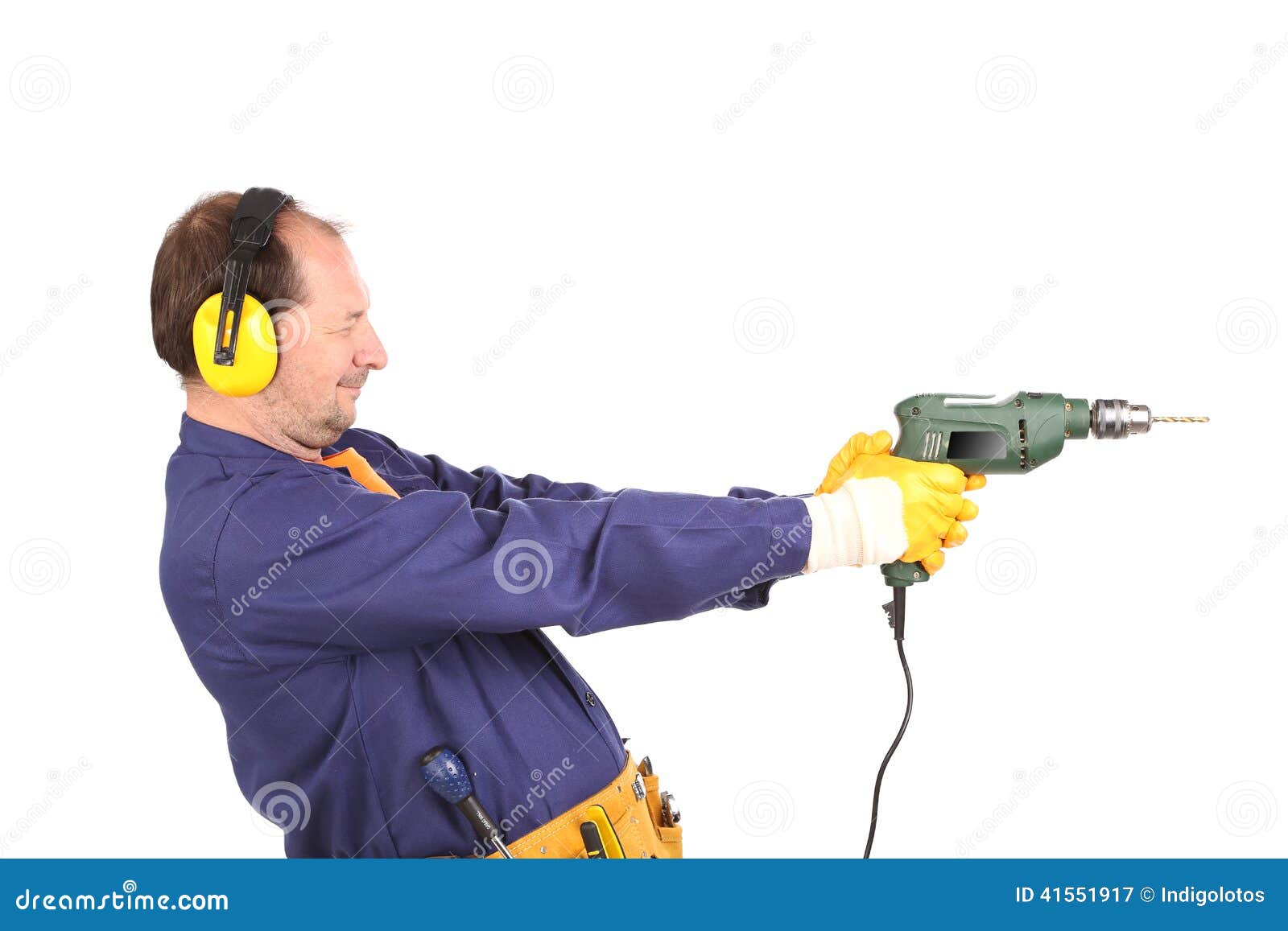 Worker In Ear Muffs And Glasses With Drill. Stock Image Image of