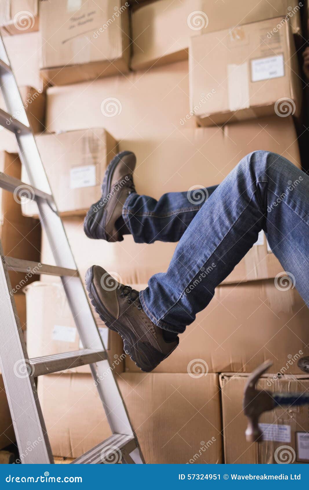 Worker Falling Off Ladder in Warehouse Stock Image Image of