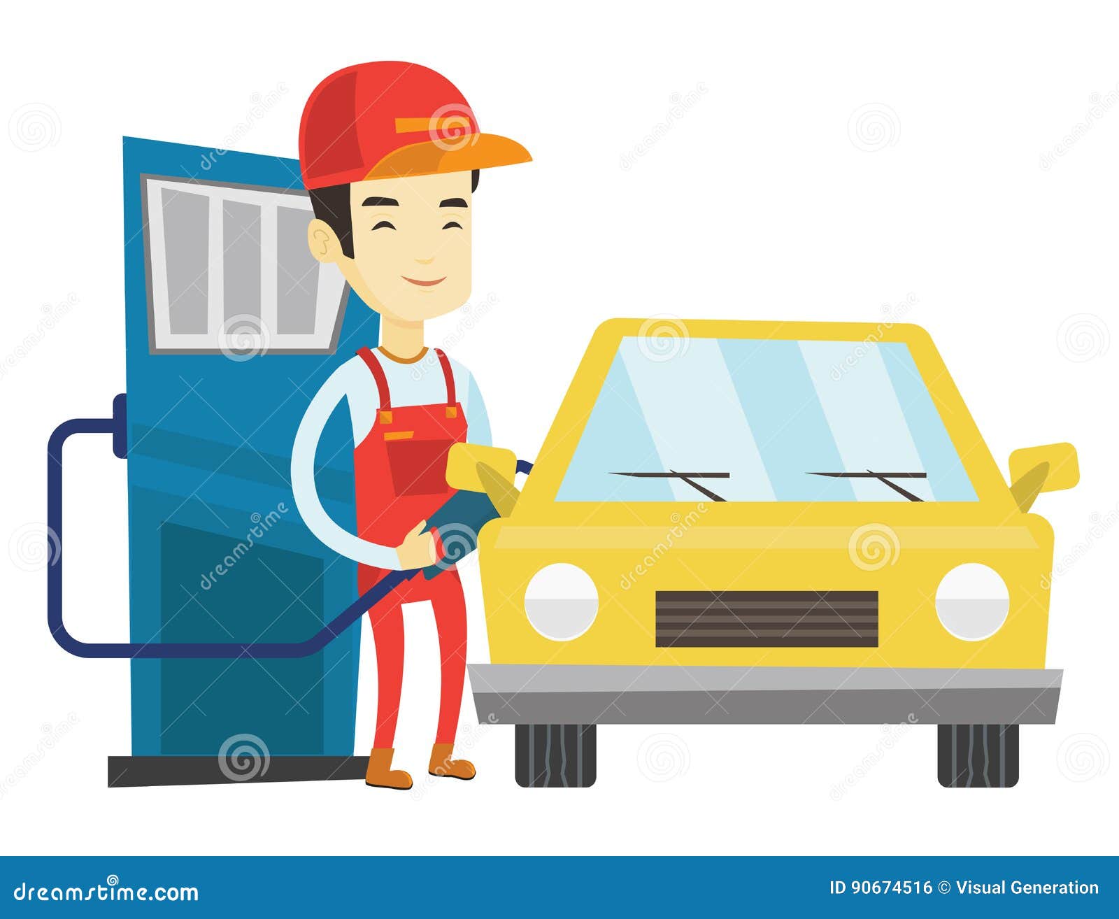 worker filling up fuel car gas station asian smiling workwear young refueling 90674516